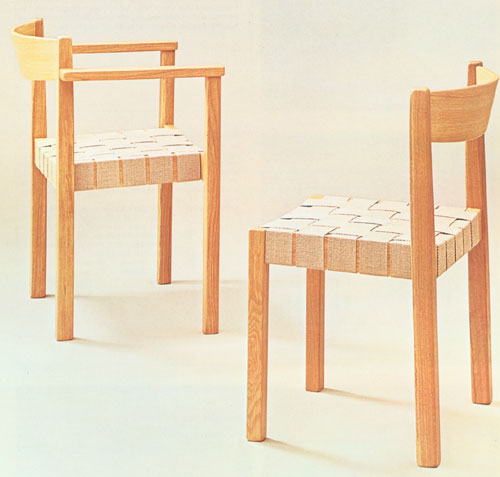 Nr. 1016: Stabel- og koblingsbar stol ROBUR HK 521 samt stabelbar  armstol HK 522). Fs i bg, birk og eg. A: helt i tr. B: med polstret sde. C: med polstret sde og ryg. S/SS: med 60/35 mm syntet sadelgjord som ikke giver sig.Standard farver sort og natur samt andre muligheder. H:75 x B: 47(armstol 58) x D:49 cm. Den formpressede ryg er fastgjort diagonalt ind i bagbenene. Ryggens radie og hldning har herved kunne udformes, s stolen har meget fine siddeegenskaber. Tilbehr som forskellige typer koblingsbeslag ogs for cirkelslag samt salmebogsholder, minimum c-c for stol-stol er 50 cm og for stol -armstol 53 cm, aftageligt betrk, stoletransportr, stolevogn, bejdse og dklakering. Stolene er som standard forsynet med filtsko og efter nske med kunststof sko.
 
Design: AL