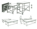 Nr. 1584: Fold og St (Fold-N-Set). Systemet er hurtigt at montere og konomisk.
X Letvgtsstativer i alu, som foldes fladt sammen for minimum af plads.Ml dk: 122x244 eller 91x244 cm.
X Let indstillelig i hjden for total total flexibilitet. Stativ fs i 6 hjde varianter: 1: kun 30, 2: 40-50-60, 3: 60-70-80-90, 4: 90-100-110-120, 5: 100-110-120-130-140-150-160, 6: 120-130-140-150-160-170-180 cm. Stilleskruer i ben.
X Brobygning i alle retninger med lse dk, hvilket reducerer antallet af understel og giver fri plads nedenunder for opbevaring etc.
X Hurtig opstilling. En tribune p 225 m2 kan sttes op af 4 mand p 90 minutter.