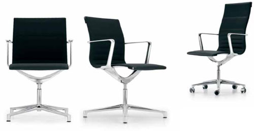 Nr. 1633: UNA chair er en aluminium group stoleserie i meget hj kvalitet og design - men til priser de fleste kan vre med til. En ny klassiker. Stellet er i presstbt aluminium poleret, forkromet eller epxybehandlet i farve. Sde og ryg leveres i forskellige stofpolstringer eller lderpolstringer i tynd version eller i tyk soft version. Desuden leveres den i net-vv fast eller elastisk i forskellige farver. Fs med eller uden armln. Den 4- benede gste/konferencestol har automatisk returmekanisme til udgangspositionen hvilket altid srger for pn orden. Den 5- benede stol fs med hjdeindstilling og med en ndring under stolesdet ogs med vgtjusterbar vippemekanisme. Hjul for hrde eller blde gulve samt med glidere. Ml for 4 -benet stol lav/hj og uden/med armln:
H 92/108, soft 95/111, SH 45/soft 48, B 51/60, D 57/60 cm. Ml for 5-benet justerbar stol lav/hj og uden/med armln: H 88-101/104-117, SH 42-55, soft 45-58, B 51/60, D 57/60, soft 60/63 cm. Design: ICF. Foto viser  UNA med tynd polstring og version lav og hj ryg.